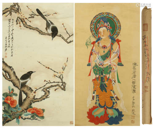 CHINESE SCROLL PAINTING OF BIRD AND FLOWER STANDING GUANYIN