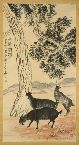 CHINESE SCROLL PAINTING OF THREE RAM UNDER TREE