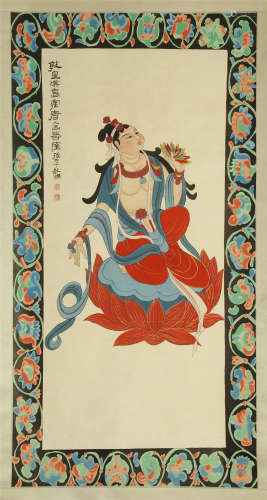 CHINESE SCROLL PAINTING OF SEATED BEAUTY ON LOTUS