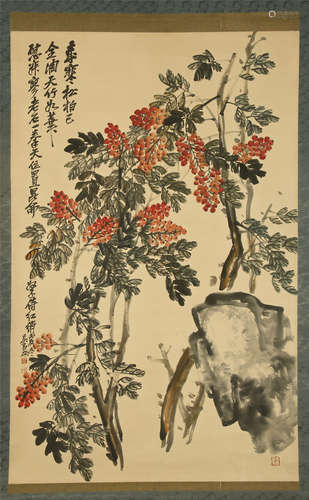 CHINESE SCROLL PAINTING OF FLOWER AND ROCK