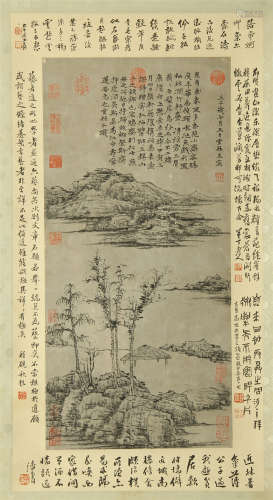CHINESE SCROLL PAINTING OF MOUNTAIN VIEWS WITH CALLIGRAPHY