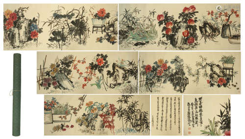 CHINESE HAND SCROLL PAINTING OF FRUIT AND FLOWER WITH CALLIGRAPHY