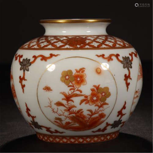 CHINESE PORCELAIN IRON RED GOLD PAINTED FLOWER WATER POT