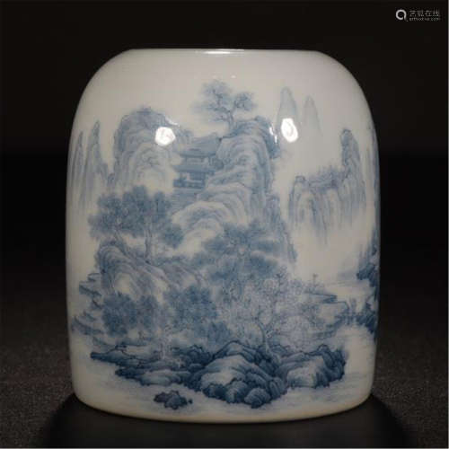 CHINESE PORCELAIN BLUE AND WHITE MOUNTAIN VIEWS WATER POT