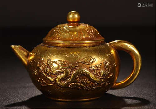 CHINESE GILT BRONZE DRAGON TEA POT