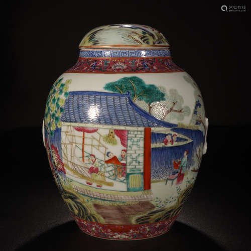 CHINESE PORCELAIN FAMILLE ROSE PEOPLE WORKING LIDDED JAR