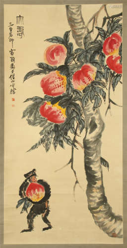 CHINESE SCROLL PAINTING OF MONKEY AND PEACH