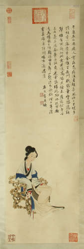 CHINESE SCROLL PAINTING OF SEATED BEAUTY WITH CALLIGRAPHY