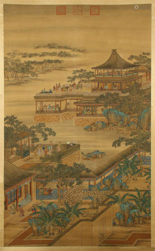 CHINESE SCROLL PAINTING OF PALACE VIEWS