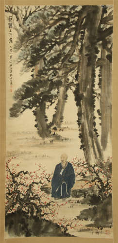 CHINESE SCROLL PAINTING OF SEATED LOHAN UNDER TREE