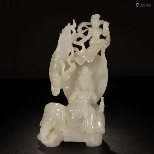 CHINESE GREY JADE SEATED BUDDHA ON ELEPHANT