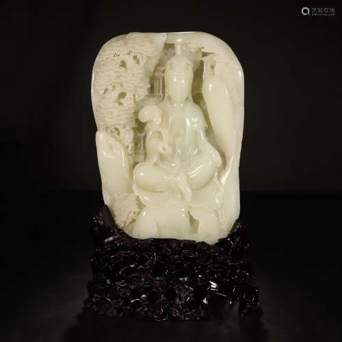 CHINESE WHITE JADE SEATED GUANYIN TABLE ITEM