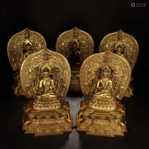 FIVE CHINESE GILT BRONZE SEATED BUDDHA