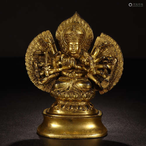 CHINESE GILT BRONZE SEATED THOUSDAN ARM GUANYIN