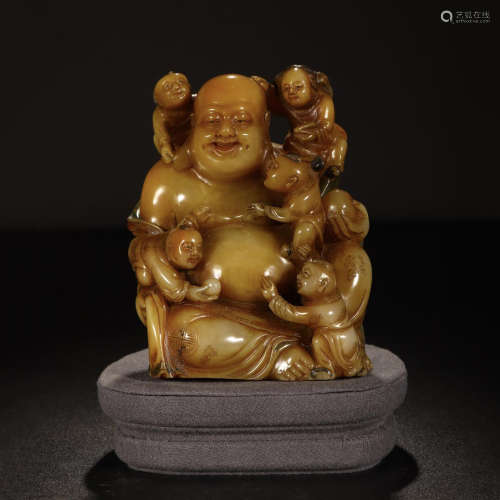 CHINESE SOAPSTONE SEATED BUDDHA WITH BOYS TABLE ITEM