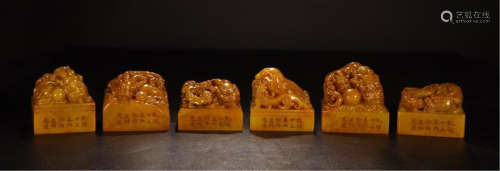 SIX CHINESE SOAPSTONE TIANHUANG BEAST SEALS