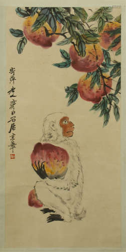 CHINESE SCROLL PAINTING OF MONKEY WITH PEACH