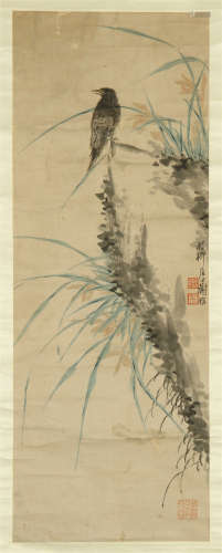 CHINESE SCROLL PAINTING OF BIRD ON ROCK