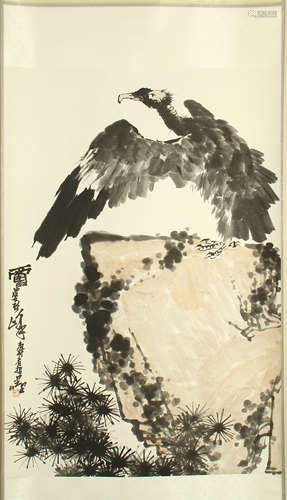 CHINESE SCROLL PAINTING OF EAGLE ON ROCK