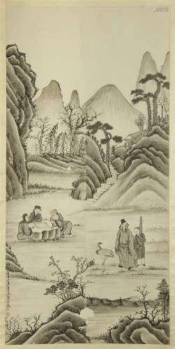 CHINESE SCROLL PAINTING OF PEOPLE IN MOUNTAIN