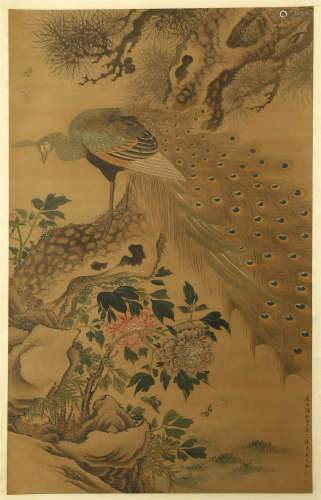 CHINESE SCROLL PAINTING OF PEACOCK ON TREE