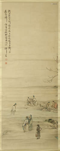 CHINESE SCROLL PAINTING OF PEOPLE ON FIELD