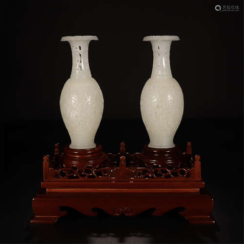 PAIR OF CHINESE WHITE JADE CRAVED FLOWER VASES