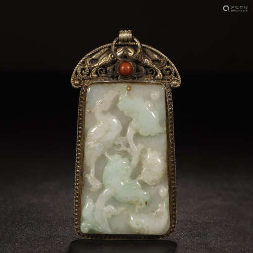 CHINESE GILT SILVER MOUNTED JADEITE BIRD AND LOTUS PLAQUE