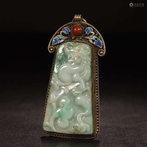 CHINESE SILVER ENAMEL JADEITE DRAGON PLAQUE