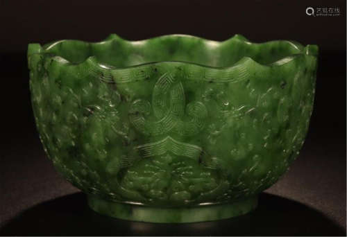 CHINESE SPINACH JADE FLOWER SHAPED BOWL