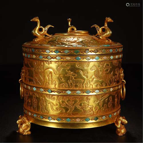 CHINESE GEM STONE INLAID GILT SILVER LIDDED CENSER