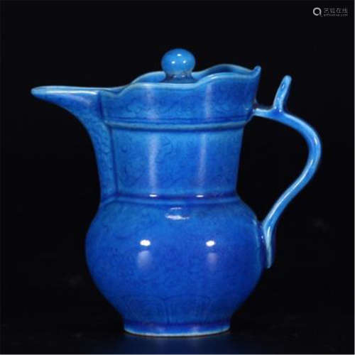 CHINESE PORCELAIN BLUE GLAZE HANDLED KETTLE