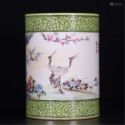 CHINESE PORCELAIN FAMILLE ROSE CRANE BRUSH POT