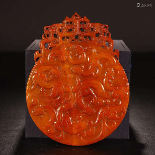 CHINESE RED JADE DRAGON BI DISK PLAQUE