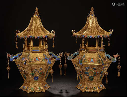 PAIR OF CHINESE GILT SILVER ENAMEL PAVILION BUDDHA NICHE