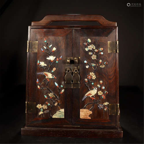 CHINESE GEM STONE INLAID HARDWOOD HONGMU SCHOLAR'S CASE