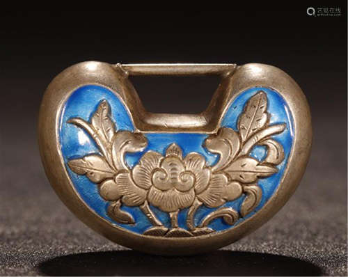 CHINESE SILVER ENAMEL FLOWER LOCK SHAPED PENDANT