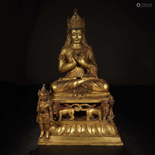 CHINESE GILT BRONZE SEATED BUDDHA WITH GUARDIAN