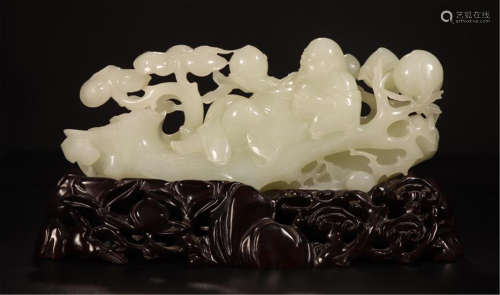 CHINESE WHITE JADE MAN WITH PEACH TABLE ITEM