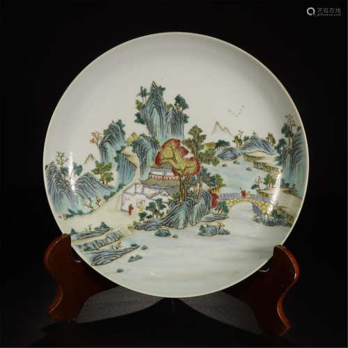 CHINESE PORCELAIN FAMILLE ROSE MOUNTAIN VIEWS PLATE