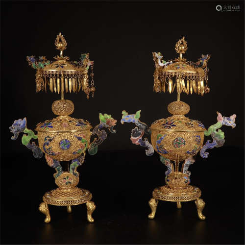 PAIR OF CHINESE GILT SILVER ENAMEL INCENSE CAGE