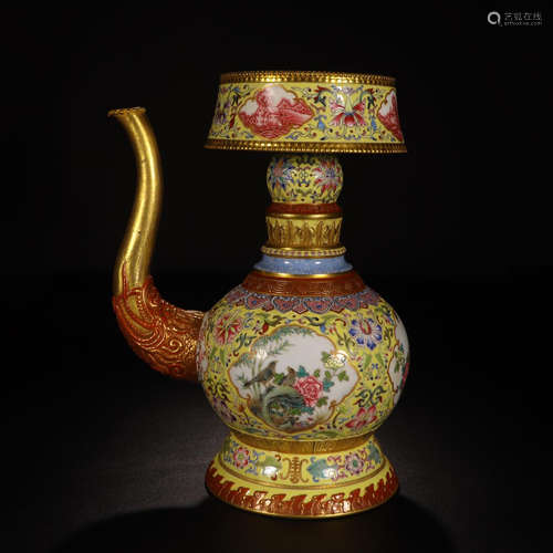 CHINESE PORCELAIN YELLOW GLAZE FAMILLE ROSE KETTLE