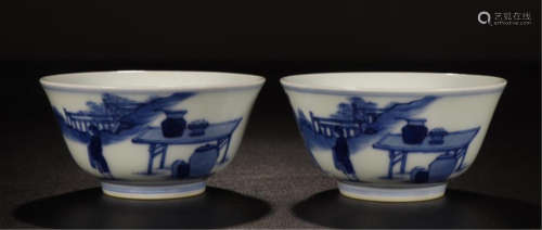 PAIR OF CHINESE PORCELAIN BLUE AND WHITE MAN IN GARDEN BOWLS