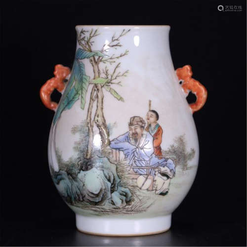 CHINESE PORCELAIN FAMILLE ROSE MEN IN GARDEN ZUN VASE