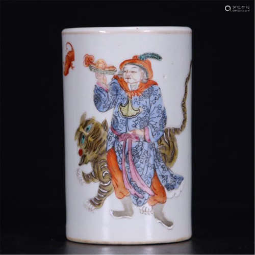 CHINESE PORCELAIN FAMILLE ROSE MAN WITH TIGER BRUSH POT