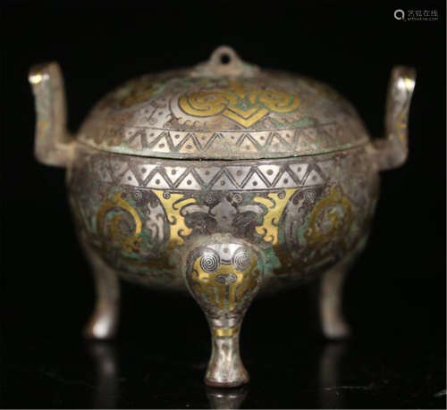 CHINESE SILVER GOLD INLAID BRONZE TRIPLE FEET LIDDED CENSER