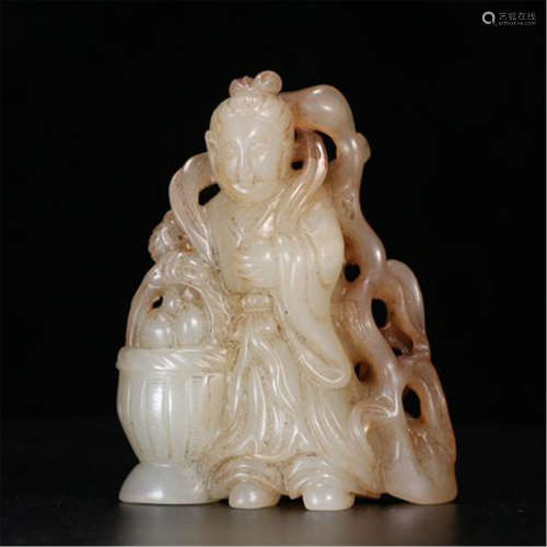 CHINESE NEPHRITE JADE FIGURE WITH PEACH TABLE ITEM