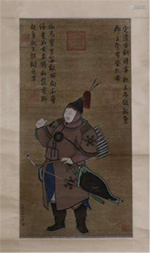 CHINESE SCROLL PAINTING OF WARRIOR WITH CALLIGRAPHY