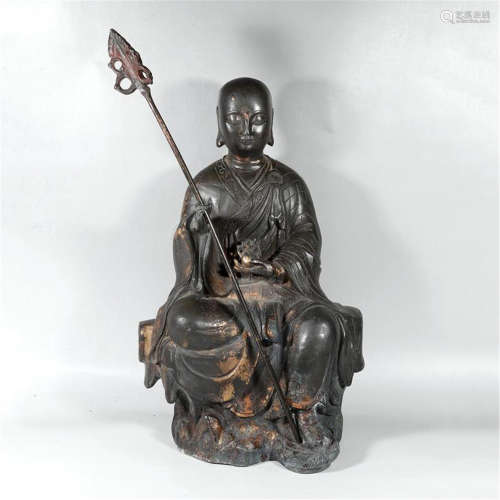 CHINESE BRONZE SEATED BUDDHA WITH CANE