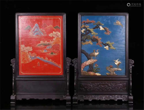 PAIR OF CHINESE GEM STONE INLAID LACQUER HARDWOOD ZITAN TABLE SCREEN
